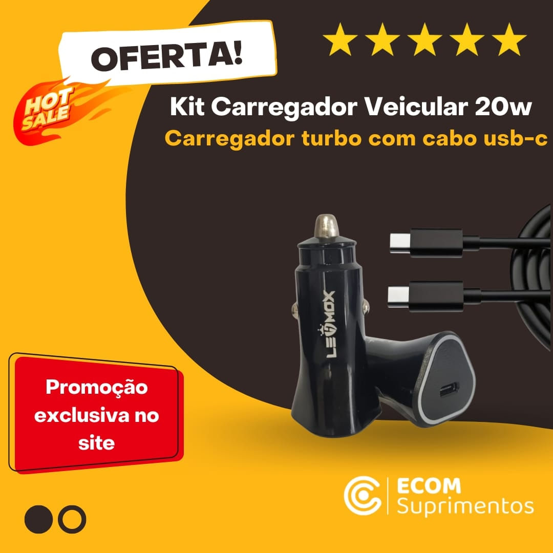 Carregador Veicular Turbo Usb-c 20w Carga Rápida Fonte e cabo Tipo C Carro