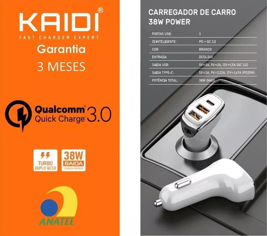 Carregador Veicular Cinzeiro Usb Type C 3.0 Turbo 38w Kd-304