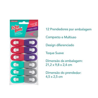 Prendedores de Roupa Pegador Compacto Multiuso Colorido 12un