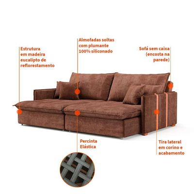 Sofá Retrátil Sem Caixa 3 lugares Solomons Velosuede Marrom