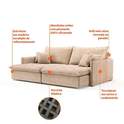 Sofá Retrátil Sem Caixa 3 lugares Solomons Velosuede Bege