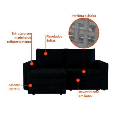 Sofá 3 Lugares Retrátil Berna Suede Preto 180 cm