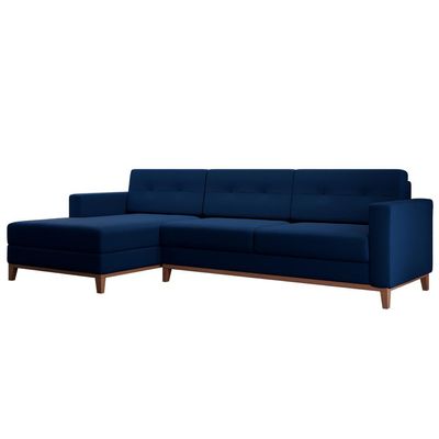 Sofá 3 Lugares Living com Chaise Esquerdo Pés e Base em Madeira Linho Cotton Azul Marinho