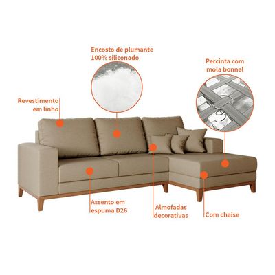 Sofá 3 Lugares Belgrado com Chaise Direito Linho Bege 230 cm