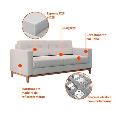 Sofá 2 Lugares Living Pés e Base em Madeira Linho Cotton Cru
