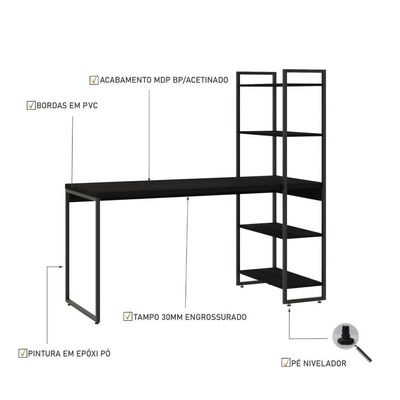 Escrivaninha com Estante Studio Preta 146 cm