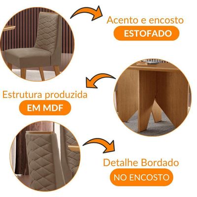 Mesa Evora 120 Mdf Canto Copo E Com 4 Cadeiras Safira Veludo Capuccino-naturalle-naturalle