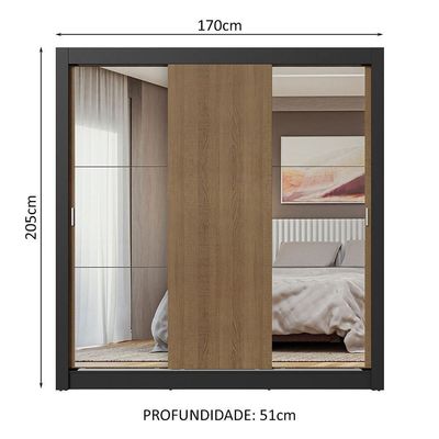 Guarda-roupa Casal 3 Portas Correr Espelhos Preto/rustic