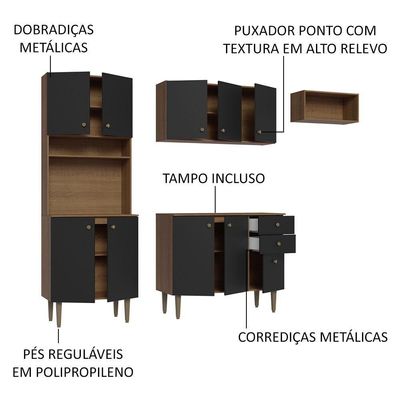 Armário Cozinha Compacta 235cm Rustic/Preto Gourmet 02