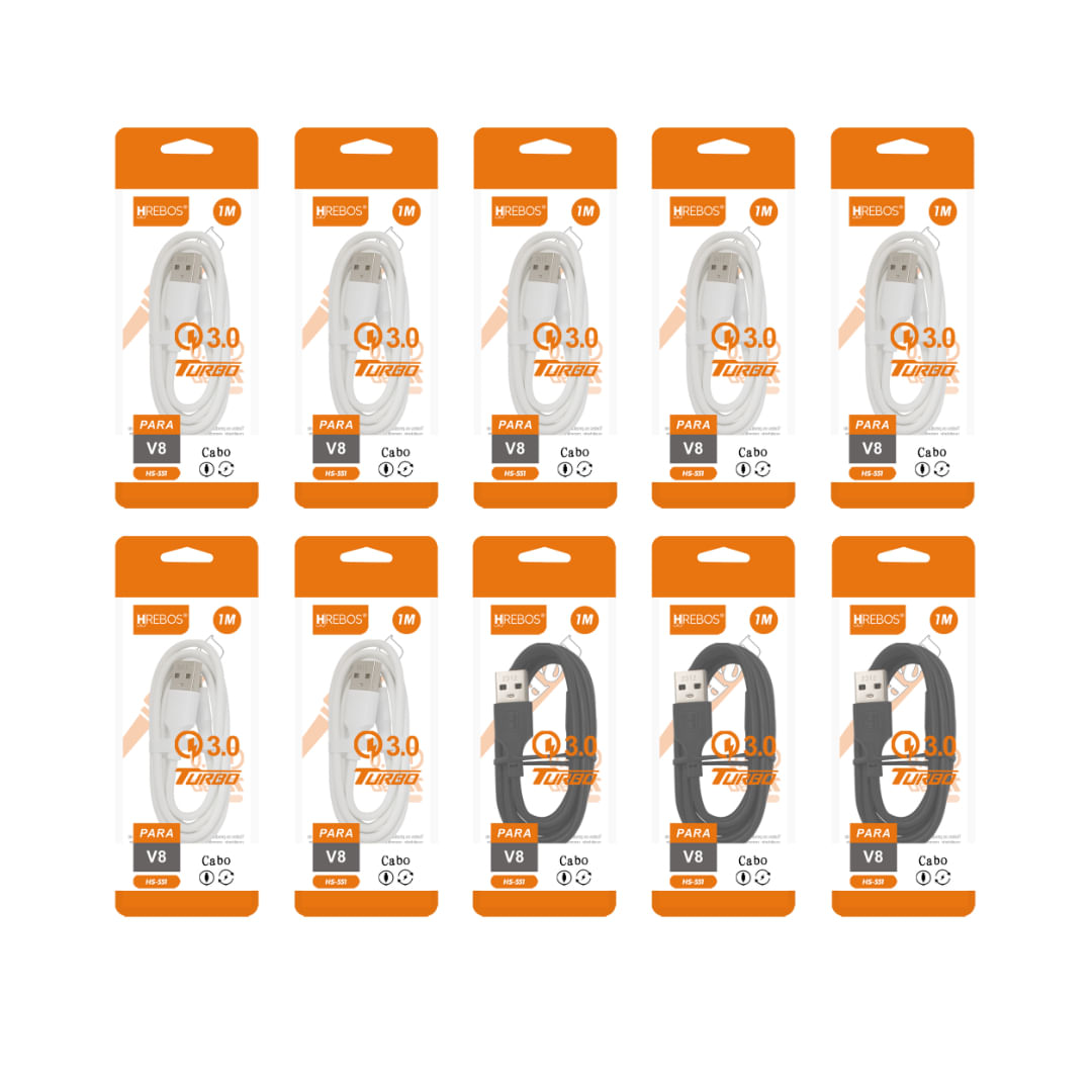 Kit 10 Cabos Carregador Celular Usb Turbo Rápido 15W Transferência Dados Hrebos HS-551 Micro USB V8 Cabo Reforçado Branco E Preto