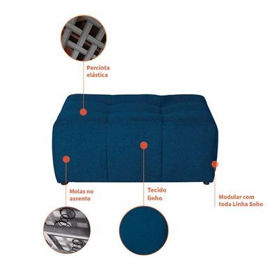 Sofá Modular 3 Lugares com Puff Soho Linho Azul Marinho