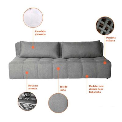 Sofá Modular 3 Lugares com Puff Soho Linho Cinza