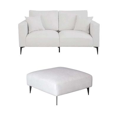 Sofá 2 Lugares com Molas Ensacadas 170 cm e Puff Unne Bouclé Off White