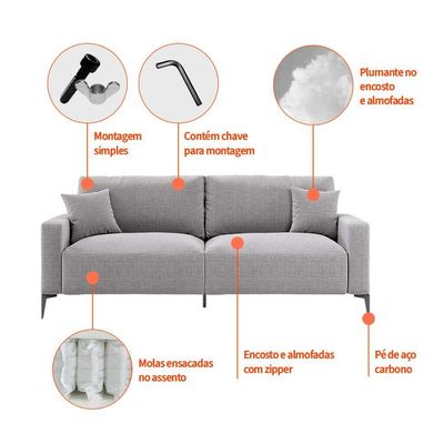 Sofá 2 Lugares com Molas Ensacadas 170 cm e Puff Unne Linho Cinza