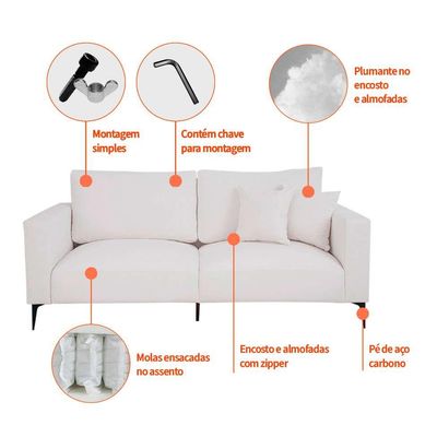 Sofá 2 Lugares com Molas Ensacadas 170 cm e Puff Unne Bouclé Off White