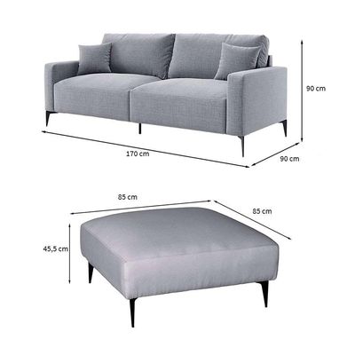 Sofá 2 Lugares com Molas Ensacadas 170 cm e Puff Unne Linho Cinza