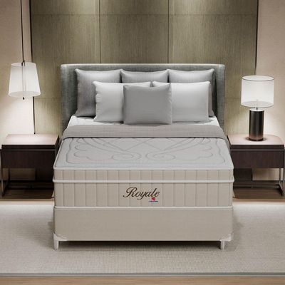 Cama Box Casal Royale com Colchão Casal Molas Ensacadas Bege e Branca