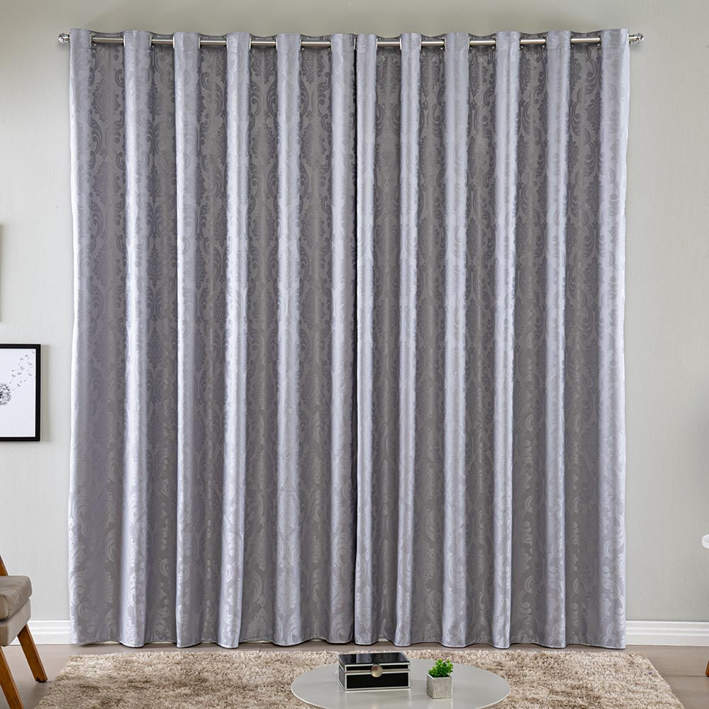 Cortina Turin Jacquard Semiblackout Floral 2,00x1,70m para Sala Quarto Varão 2M Ilhóses - Cinza