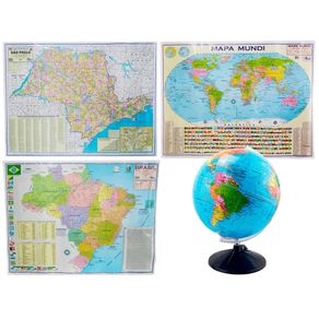 Kit Globo Terrestre Studio 30cm + Mapa do Estado de SP + Mapa do Brasil + Mapa Mundi Edição Atualizada