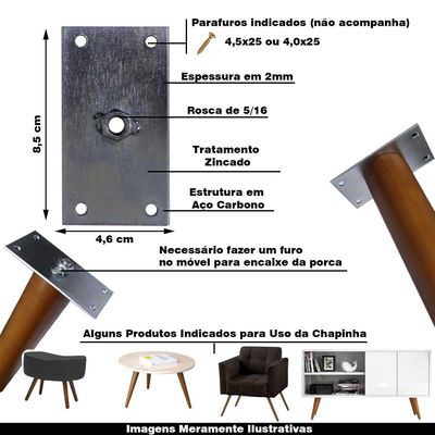 Kit 6 Chapinhas Chapa Reta Fixação Pés Palito Rosca 5/16 Zincada G59