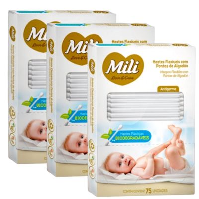 Cotonete Hastes Flexiveis 3 caixas c/75  Biodegradável MILI