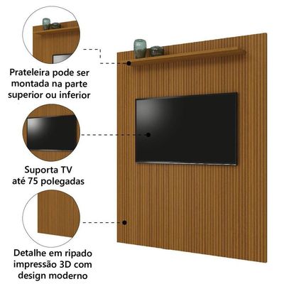 Painel Para Tv Até 75 Polegadas Ripado 3d Egeo C/ Prateleira 1,80m Cedro