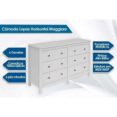 Cômoda de Quarto Horizontal Maggiore c/ 6 Gavetas Branco - Lopas