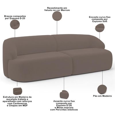 Sofá 3 Lugares Curvo Orgânico Para Sala Living 250cm Barolo L06 Veludo Marrom - Lyam Decor