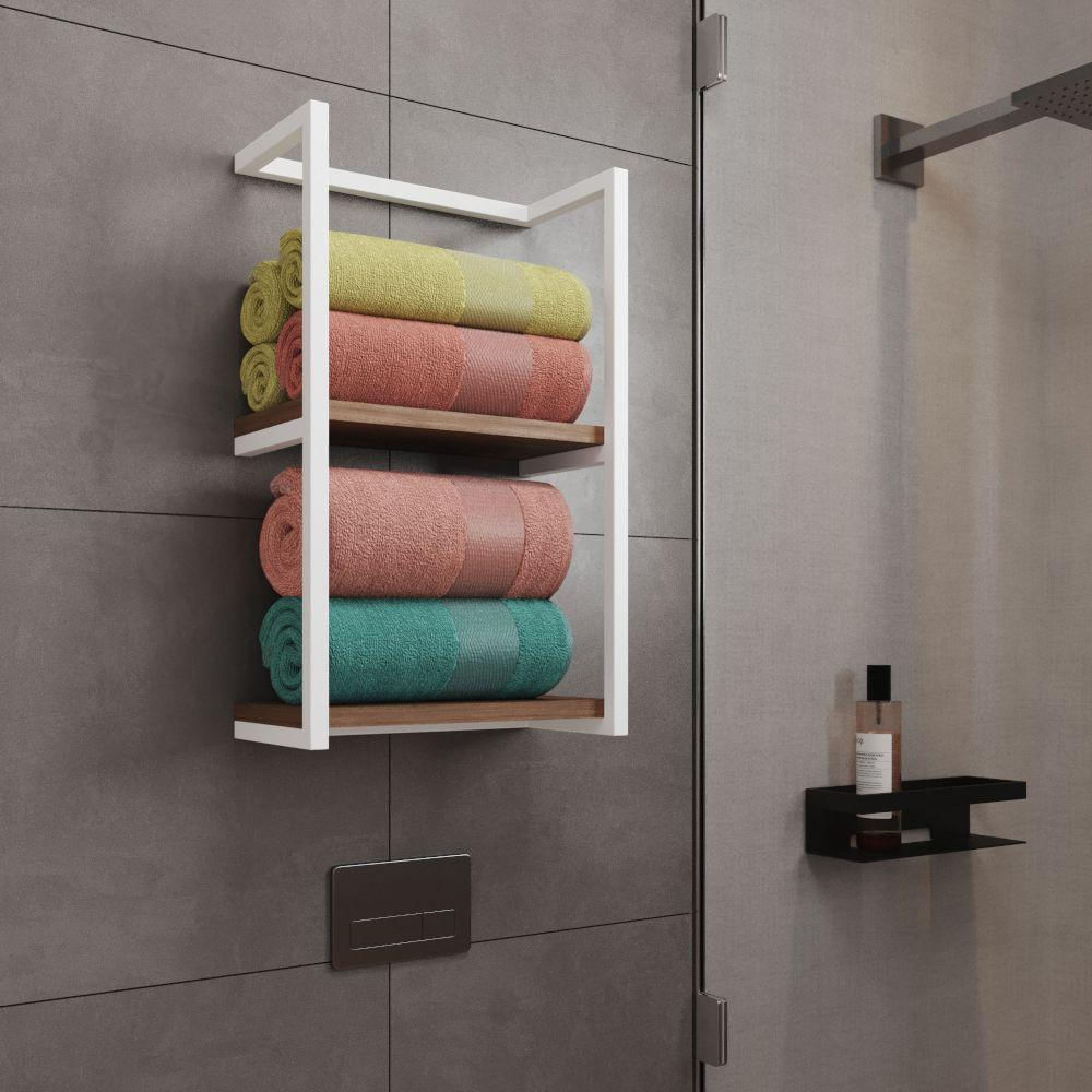 Toalheiro Para Banheiro Estilo Industrial Sahy Branco E Prateleira Imbuia Branco
