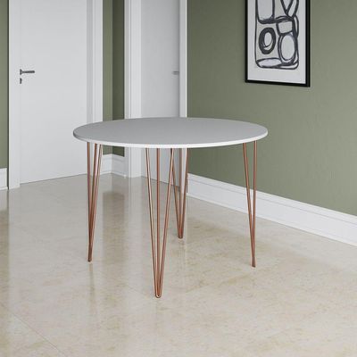 Mesa Jantar Redonda Branca Hairpin 90cm Elen Base Cobre Branco