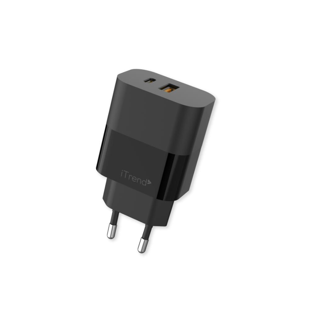 Carregador De Parede ITREND USB-A + USB-C 25W Quick Charge 3.0 PD Carregamento Rápido Preto