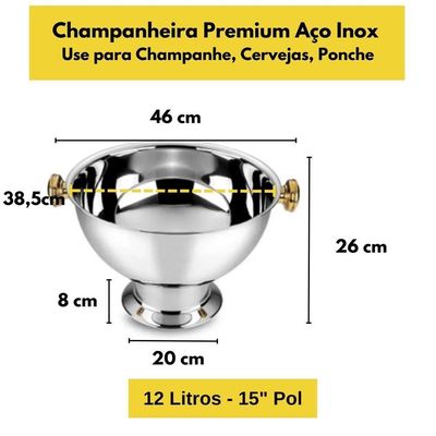 Champanheira Grande Inox Premium Alça Dourada 12 Lts