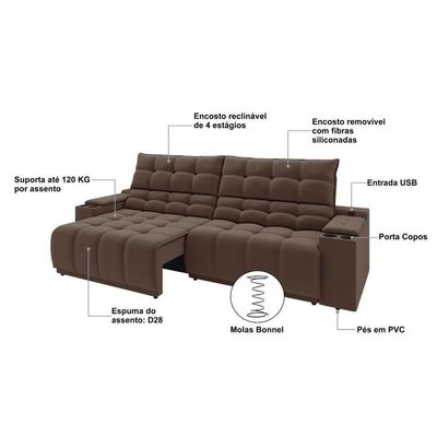 Sofá Connect Premium 2,30m Assento Retrátil-reclinável Com Porta Copos E Entrada Usb Suede Marrom