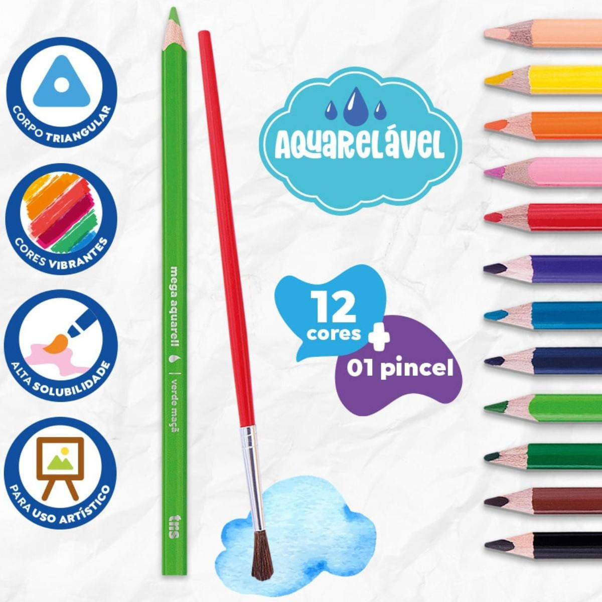 LÁPIS DE COR MEGA AQUARELL - AQUARELÁVEL - 12 CORES - TRIS