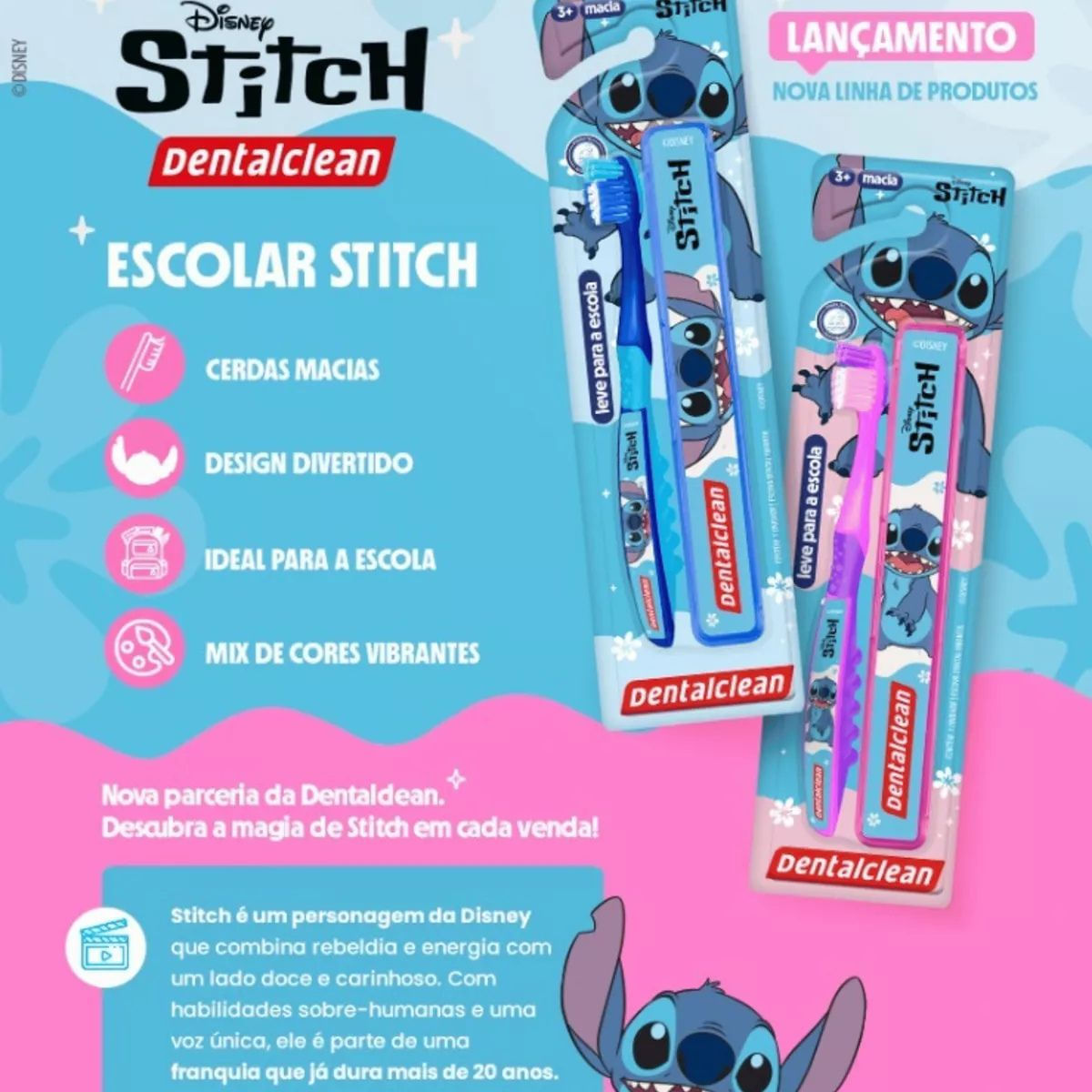 GEL DENTAL + ESCOVA DE DENTE ESCOLAR - STITCH - DENTALCLEAN