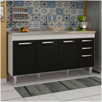 Balcão Gabinete Pia 104 Portas 2 Gavetas Branco/preto