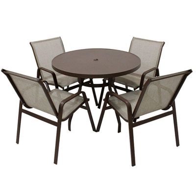 Jogo De Mesa Ripada Aluminio 4 Cadeiras Tela Sling Piscina Marrom