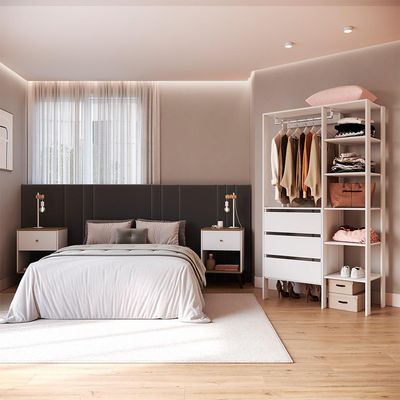 Guarda-Roupa Closet Modulado Dormitório 3 GV e 2 Mesas de Cabeceira Retrô 1 GV Branco e Mel