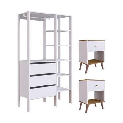 Guarda-Roupa Closet Modulado Dormitório 3 GV e 2 Mesas de Cabeceira Retrô 1 GV Branco e Mel