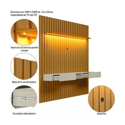 Painel Ripado e Rack Suspenso 70 Polegadas Tulum LED 1 PT 2 GV Cedro e Off White Alt 242 Larg 222 cm