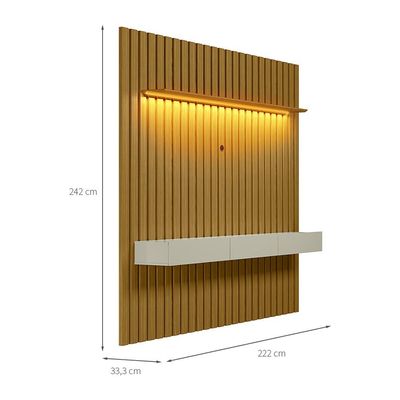 Painel Ripado e Rack Suspenso 70 Polegadas Tulum LED 1 PT 2 GV Cedro e Off White Alt 242 Larg 222 cm