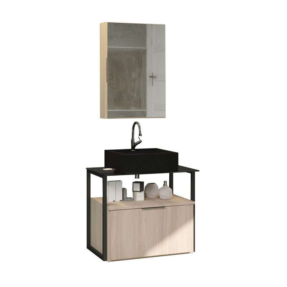 Conjunto Gabinete Urbe 60cm Madeirado Inteiro Tampo Preto Cuba Preto