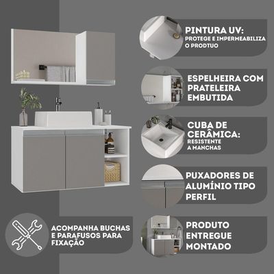 Conjunto Gabinete Banheiro Virtus 80cm Gabinete + Cuba + Espelheira Branco Cinza