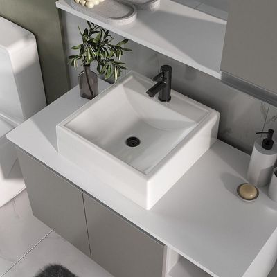 Conjunto Gabinete Banheiro Virtus 80cm Gabinete + Cuba + Espelheira Branco Cinza