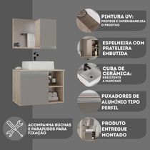 Conjunto Gabinete Banheiro Virtus 60cm - Gabinete + Cuba + Espelheira Madeirado Cinza