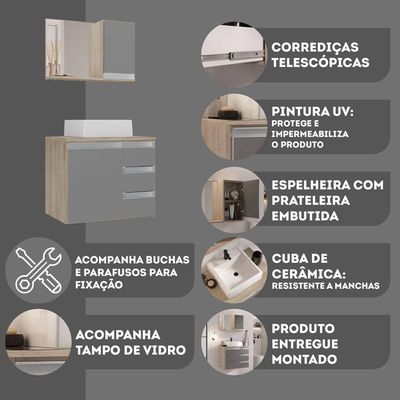 Conjunto Gabinete Banheiro Prisma 80cm Gabinete + Cuba + Espelheira Madeirado Cinza