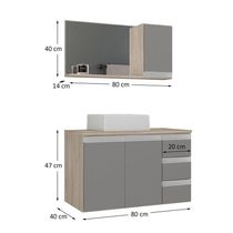 Conjunto Gabinete Banheiro Prisma 80cm Gabinete + Cuba + Espelheira Com Vidro Madeirado Cinza