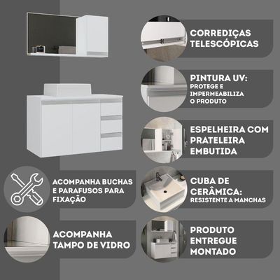 Conjunto Gabinete Banheiro Prisma 80cm Gabinete + Cuba + Espelheira Com Vidro Branco Inteiro
