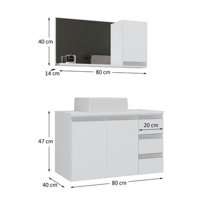 Conjunto Gabinete Banheiro Prisma 80cm Gabinete + Cuba + Espelheira Branco Inteiro
