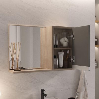Conjunto Gabinete Banheiro Prisma 60cm Gabinete + Cuba + Espelheira Com Vidro Madeirado Cinza